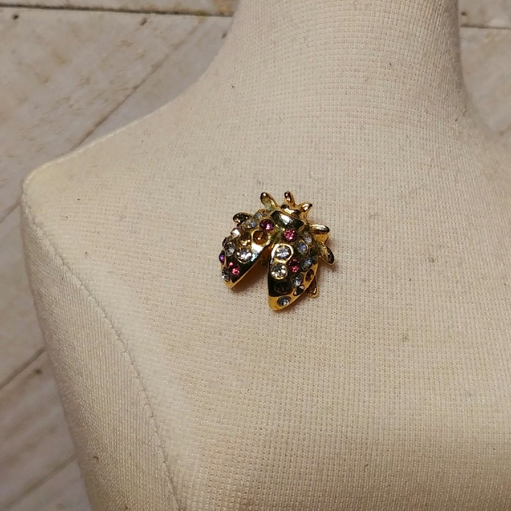 Vintage Ladybug Brooch Gold Tone With Faux Clear And Purple Crystals